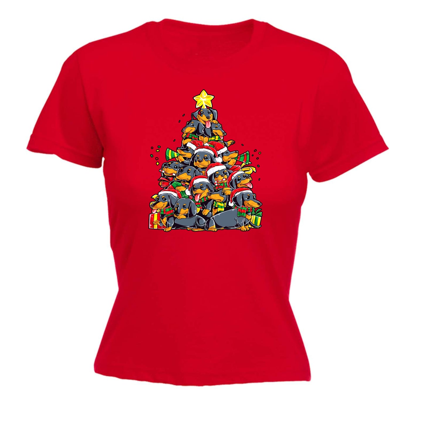 Christmas Tree Sausage Dog Puppy Xmas - Funny Womens T-Shirt Tshirt Tee Shirts
