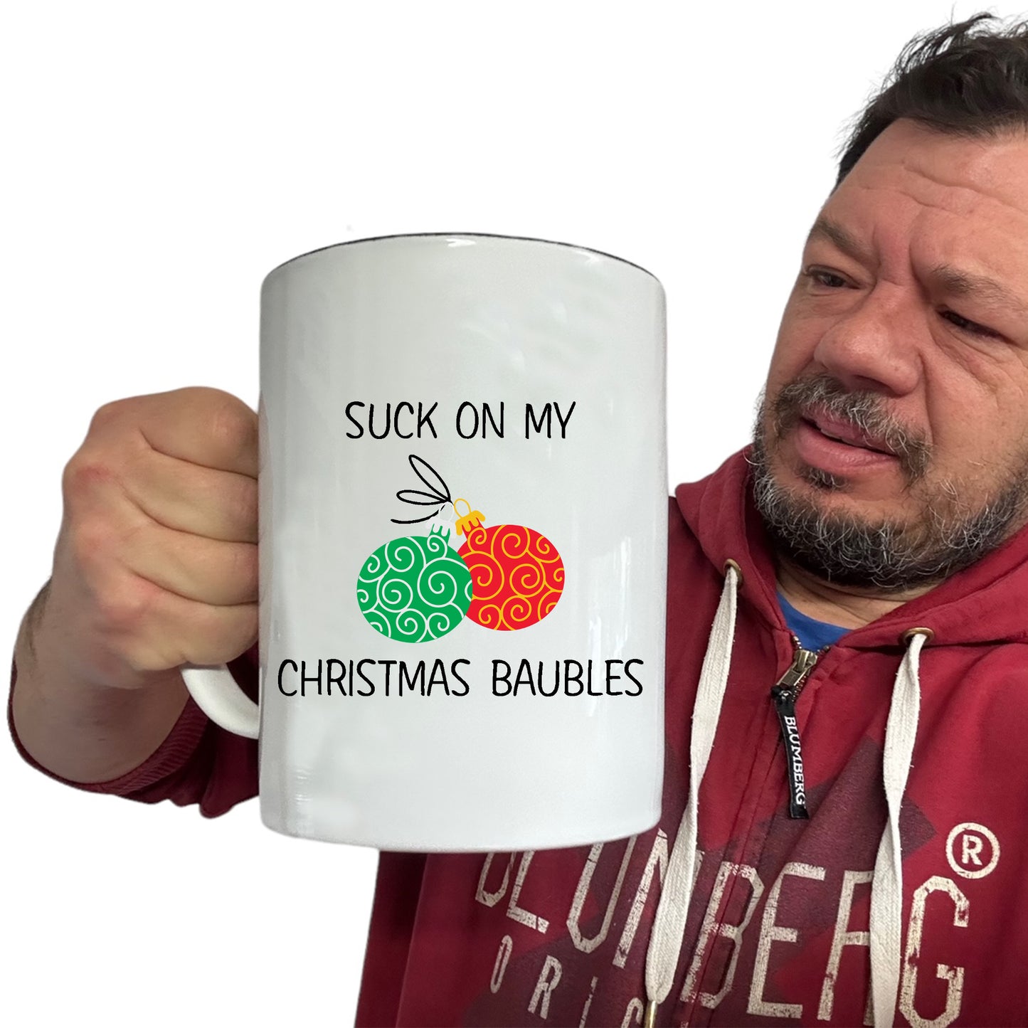 The Christmas Hub - Xmas Suck On My Christmas Baubles - Funny Giant 2 Litre Mug